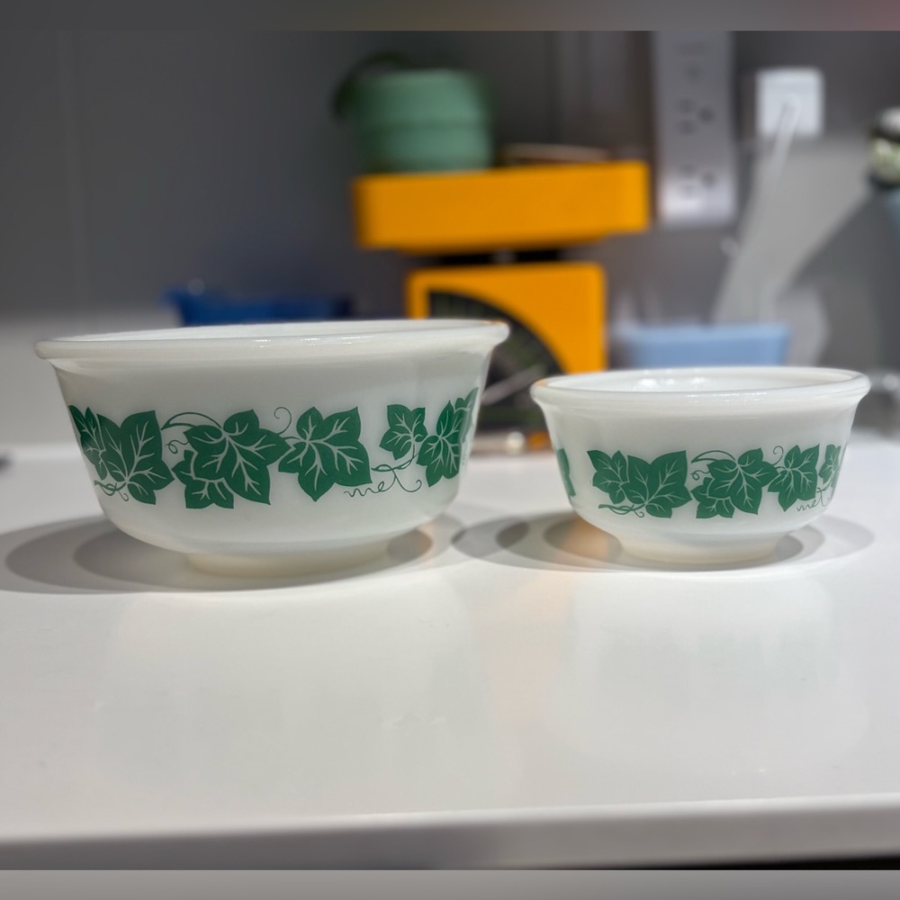 Hazel-Atlas milk glass nesting mixing bowls in the "Green Ivy" pattern